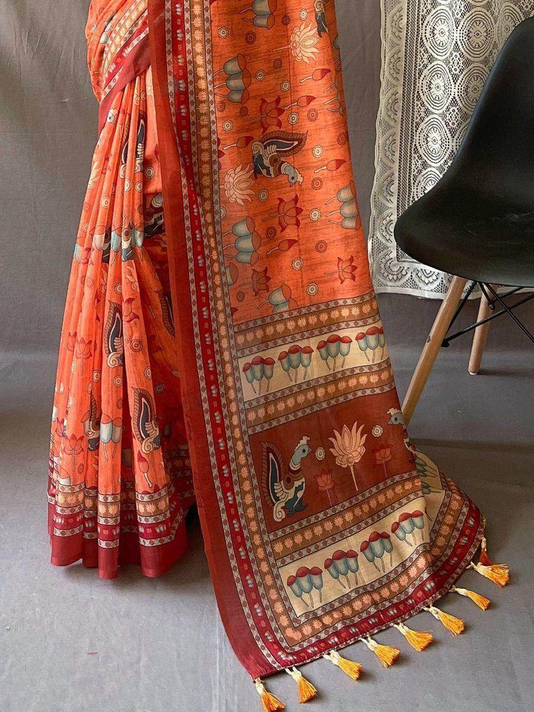 Perfect Orange Kalamkari Print Cotton Occasions Saree With Blouse