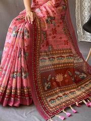 Radiantly Pink Kalamkari Print Cotton Occasion Saree With Blouse