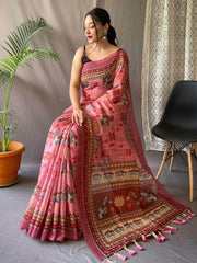 Radiantly Pink Kalamkari Print Cotton Occasion Saree With Blouse
