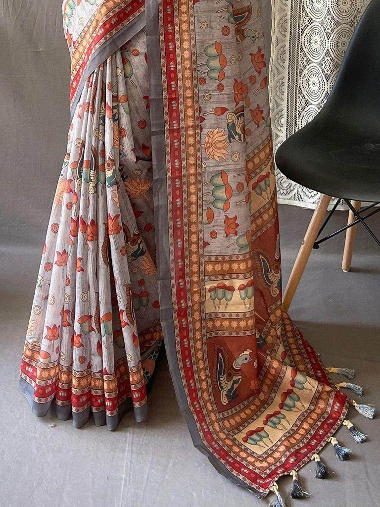 Perfect Ash-Grey Kalamkari Print Cotton Occasion Saree With Blouse