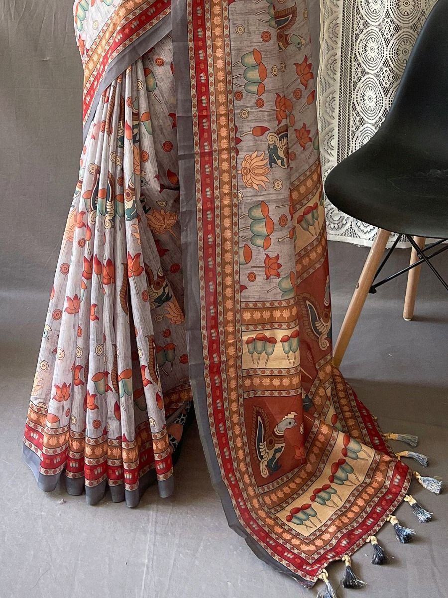 Perfect Ash-Grey Kalamkari Print Cotton Occasion Saree With Blouse