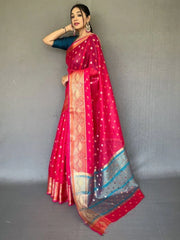 Astonishing Hot Pink Zari Weaving Organza Wedding Wear Saree