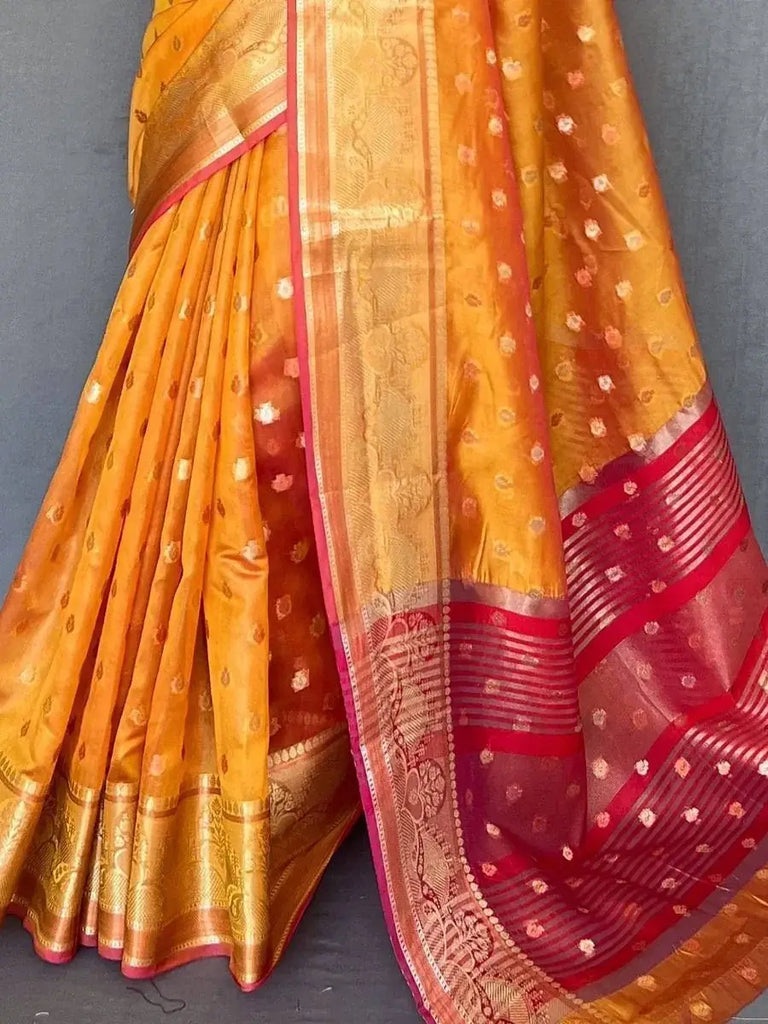Captivating Yellow Zari Weaving Organza Haldi Wear Saree