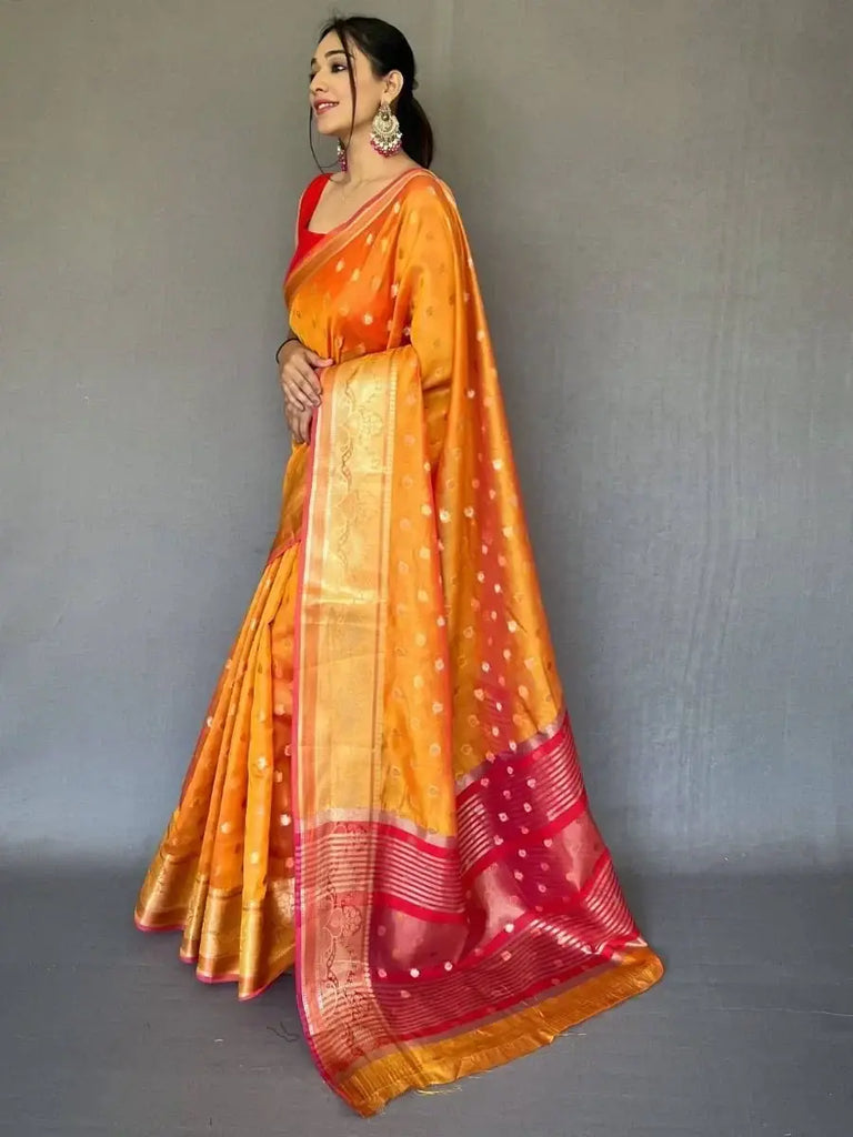 Captivating Yellow Zari Weaving Organza Haldi Wear Saree