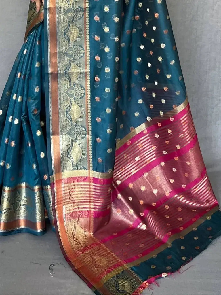Tantalizing Navy Blue Zari Woven Organza Engagement Wear Saree