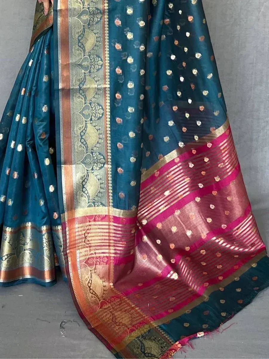 Tantalizing Navy Blue Zari Woven Organza Engagement Wear Saree