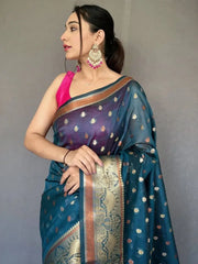 Tantalizing Navy Blue Zari Woven Organza Engagement Wear Saree