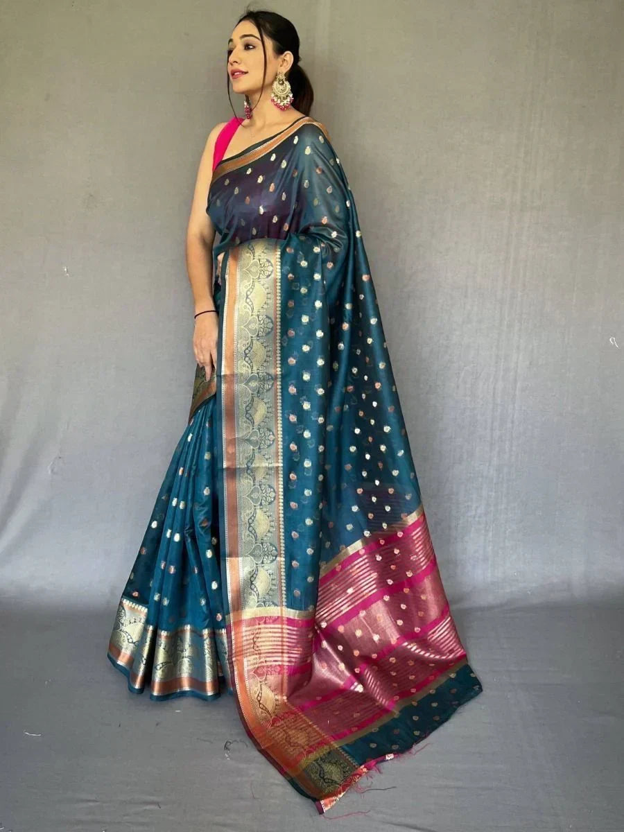 Tantalizing Navy Blue Zari Woven Organza Engagement Wear Saree