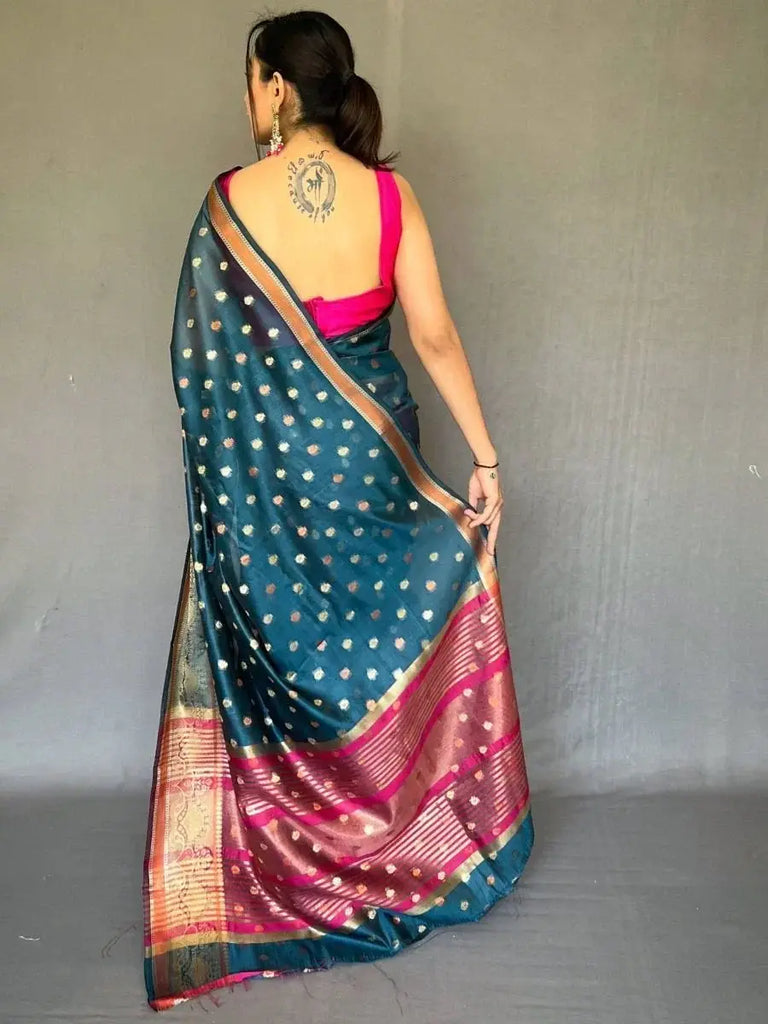 Tantalizing Navy Blue Zari Woven Organza Engagement Wear Saree