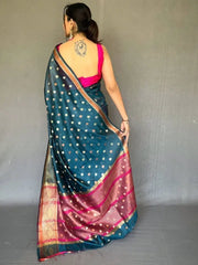 Tantalizing Navy Blue Zari Woven Organza Engagement Wear Saree