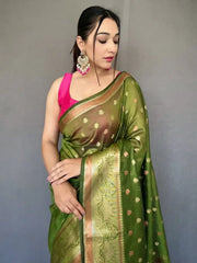 Irresistible Green Zari Woven Organza Mehendi Wear Saree