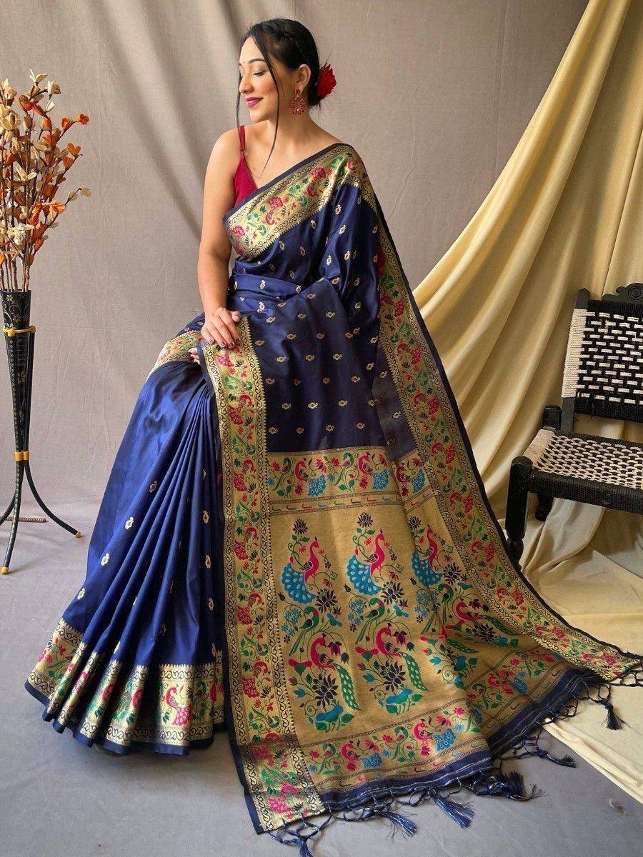 Navy blue saree with peacock embroidery and gold border, Indian ethnic wear for women