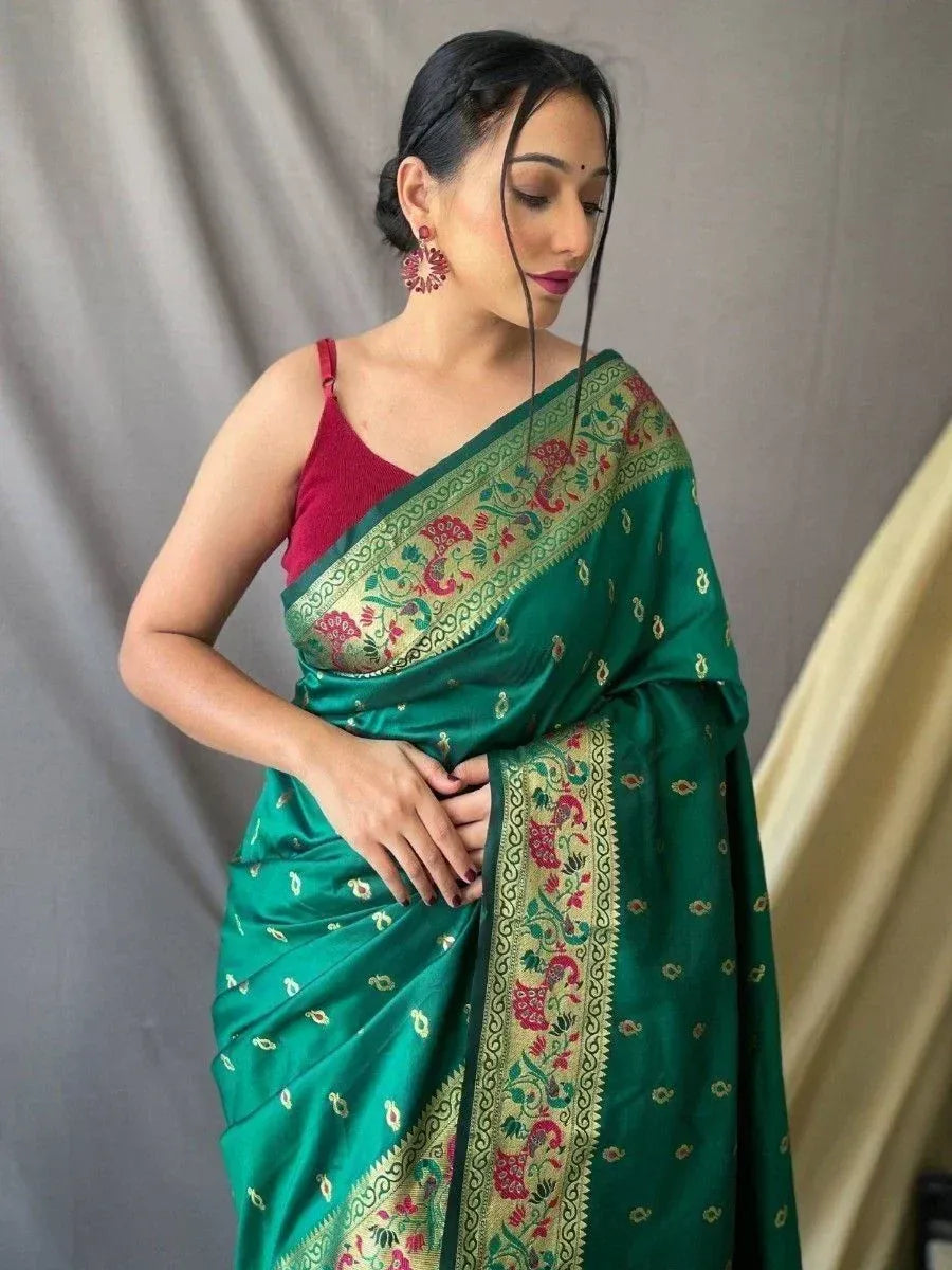 Emerald green saree with floral gold border, paired with red blouse, Indian ethnic wear