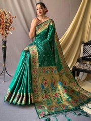 Stunning Green Zari Woven Paithani Silk Wedding Wear Saree With Blouse