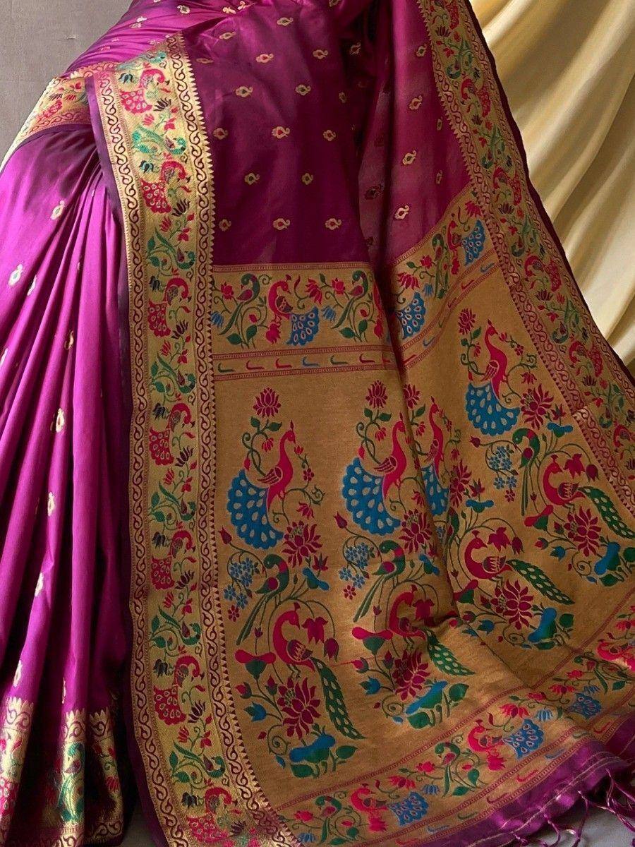 Purple Indian saree with peacock and floral embroidery, ethnic wear for women
