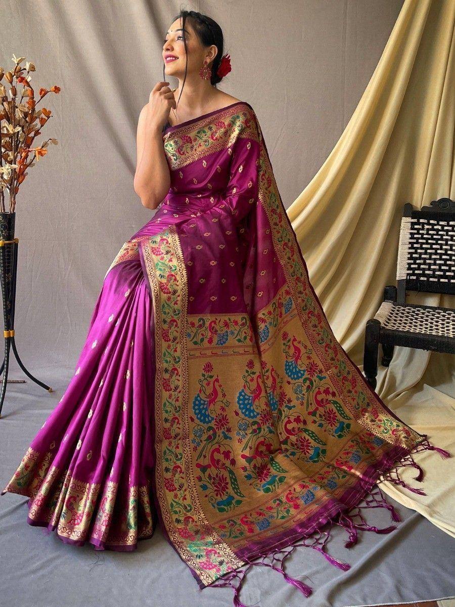 Purple designer saree with peacock print and gold border, Indian ethnic wear for women