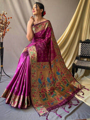Ravishing Purple Zari Woven Paithani Silk Traditional Saree With Blouse
