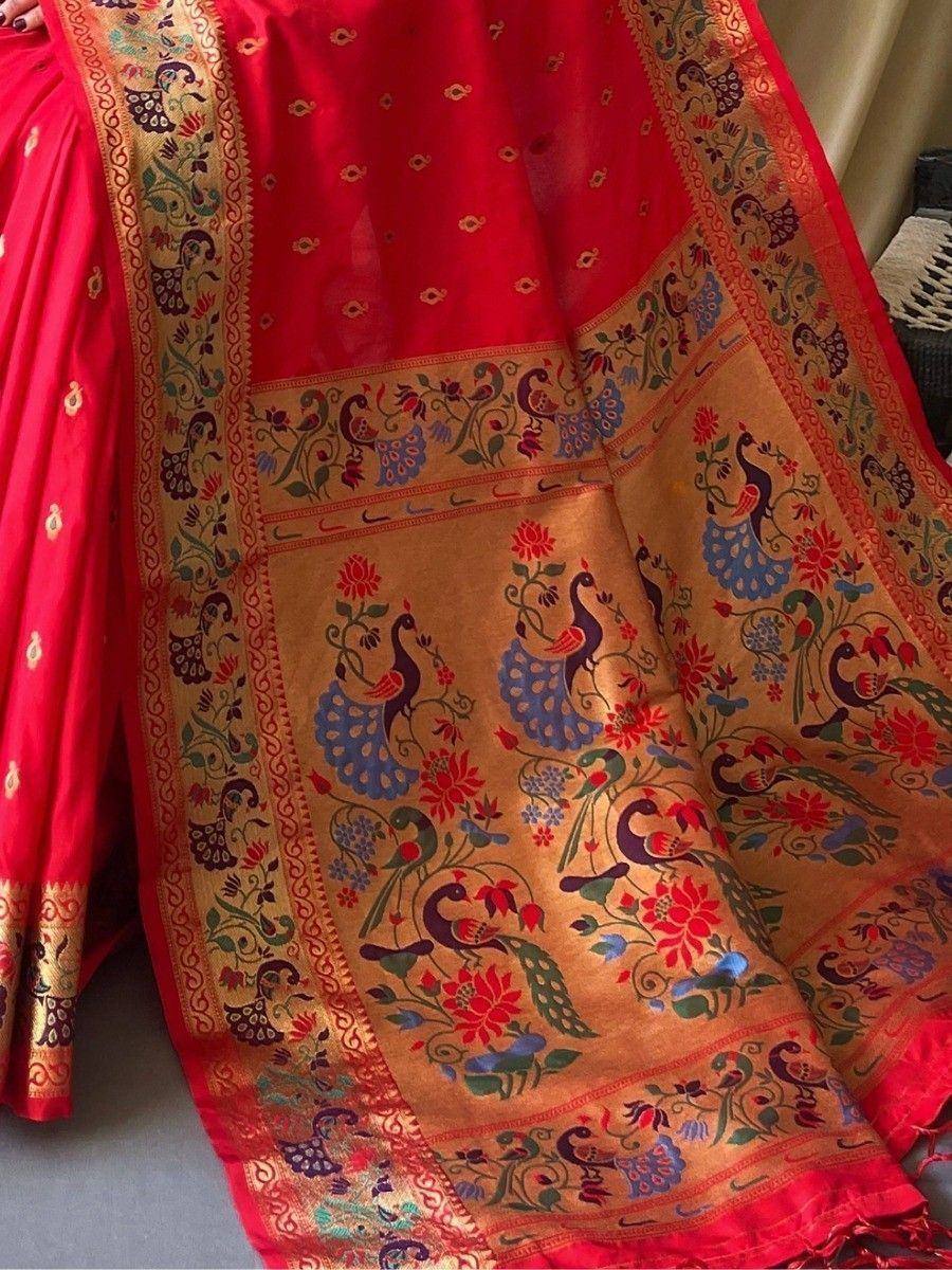 Red Indian saree with peacock and floral embroidery, ethnic wear for women