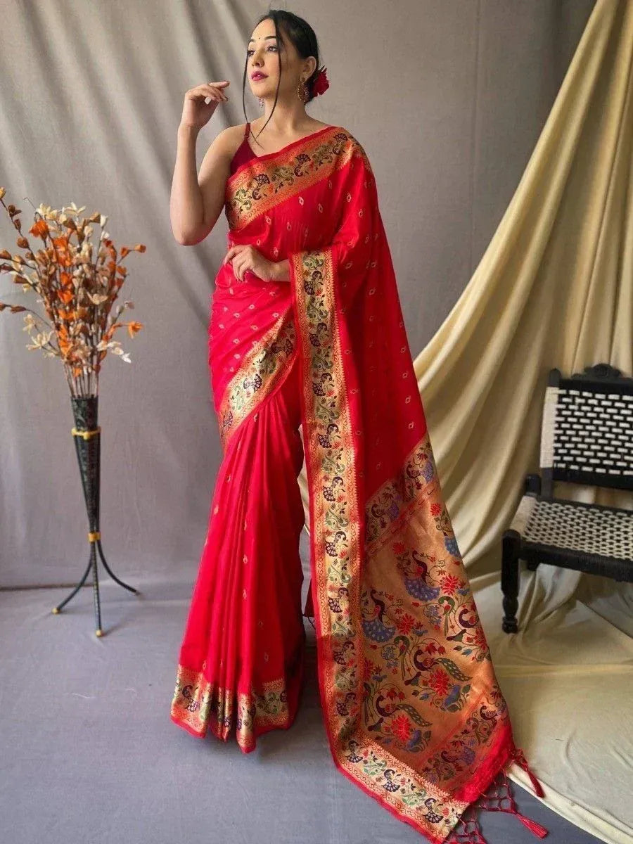 Red designer saree with peacock embroidery and golden border, ethnic Indian wear for women