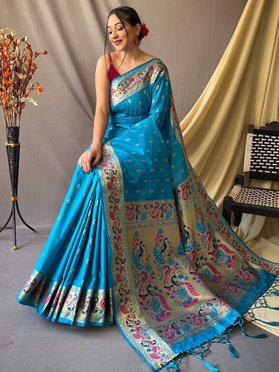Blue designer saree with peacock embroidery, perfect for ethnic occasions and Indian weddings