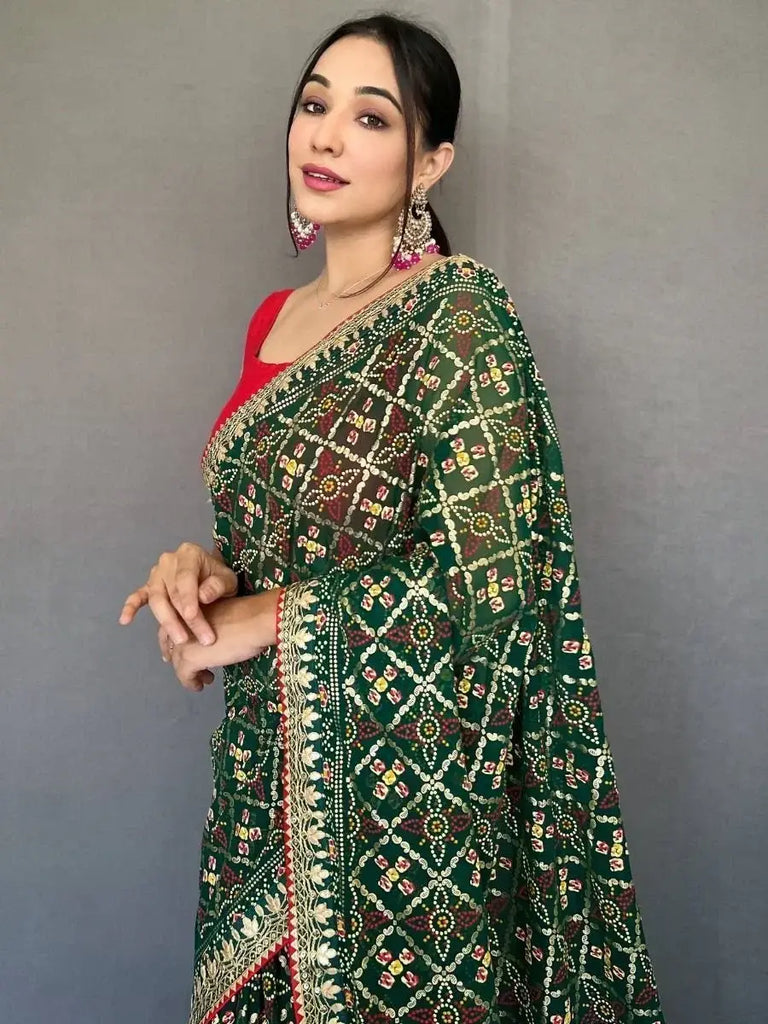 Gorgeous Dark-Green Bandhani Print Georgette Festive Saree With Blouse