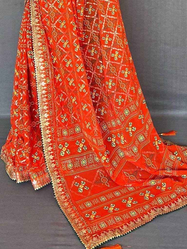 Pretty Orange Bandhani Print Georgette Festive Saree With Blouse