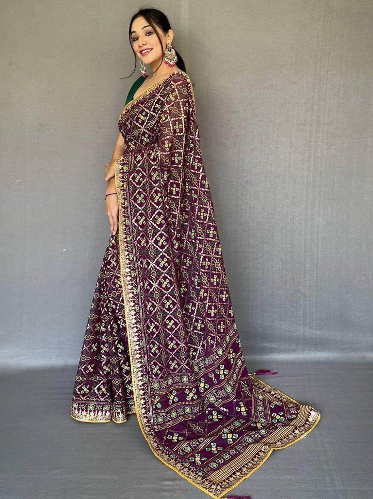 Splendid Wine Bandhani Print Georgette Festive Saree With Blouse