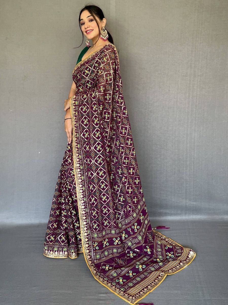 Purple printed saree with gold border, ethnic Indian wear for women
