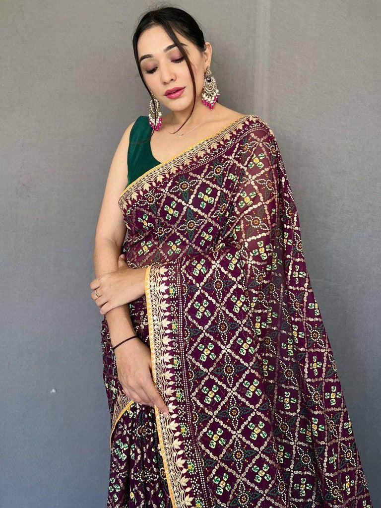 Splendid Wine Bandhani Print Georgette Festive Saree With Blouse