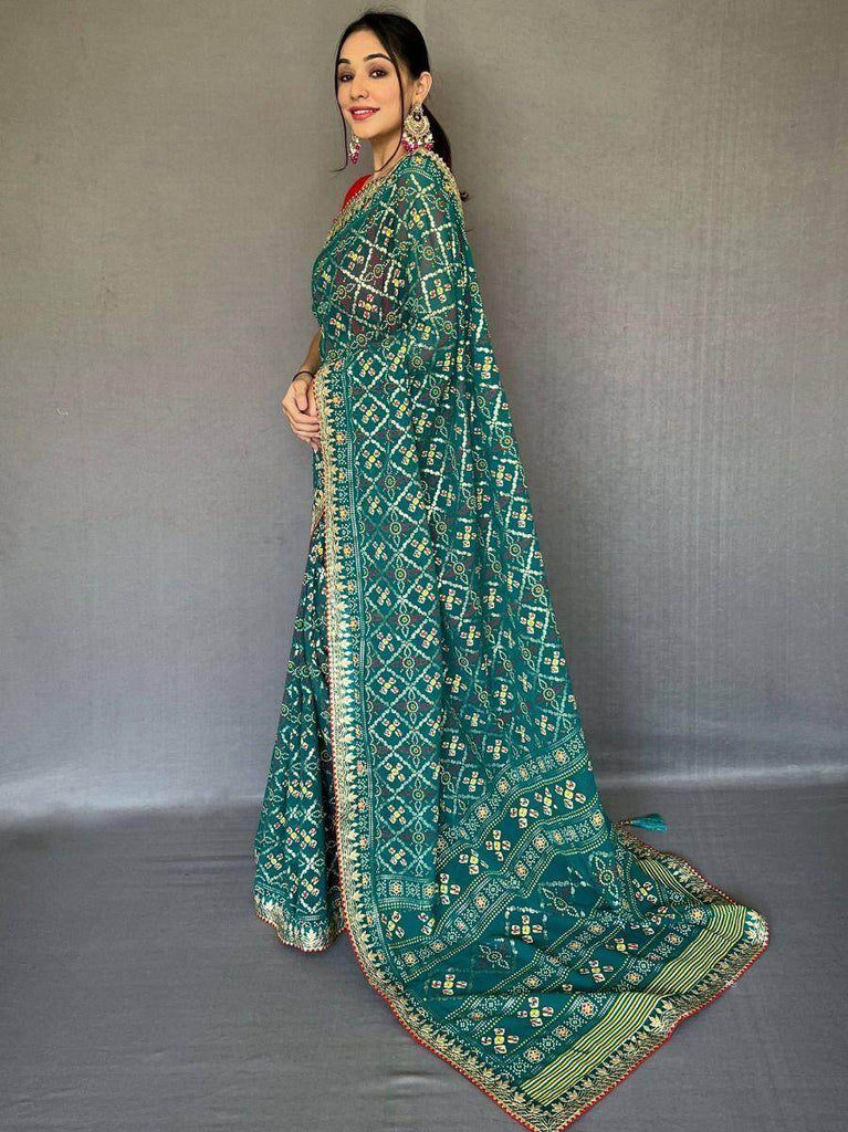 Charming Teal Gotta-Patti Work Georgette Festive Saree With Blouse