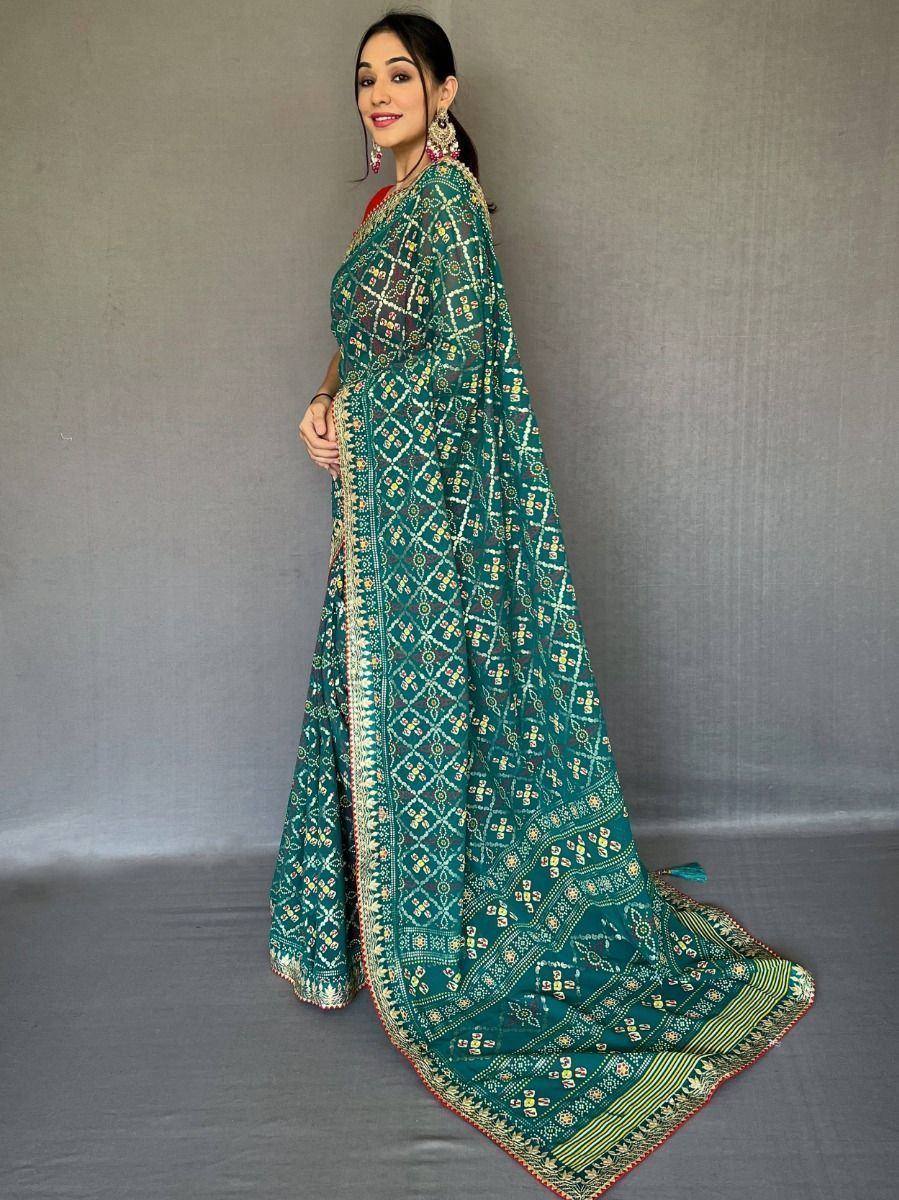 Teal printed saree with gold border, ethnic Indian wear for women