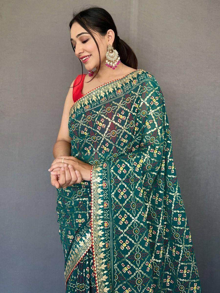 Charming Teal Gotta-Patti Work Georgette Festive Saree With Blouse