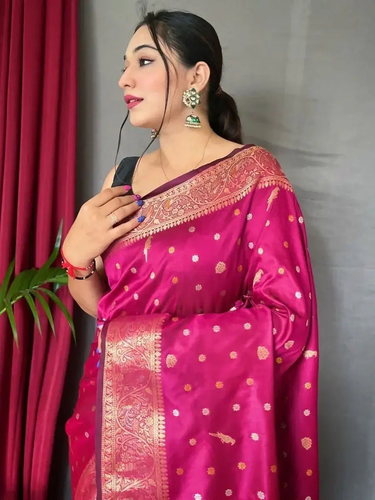 Dazzling Pink Zari-Woven Soft Silk Marriage Function Saree