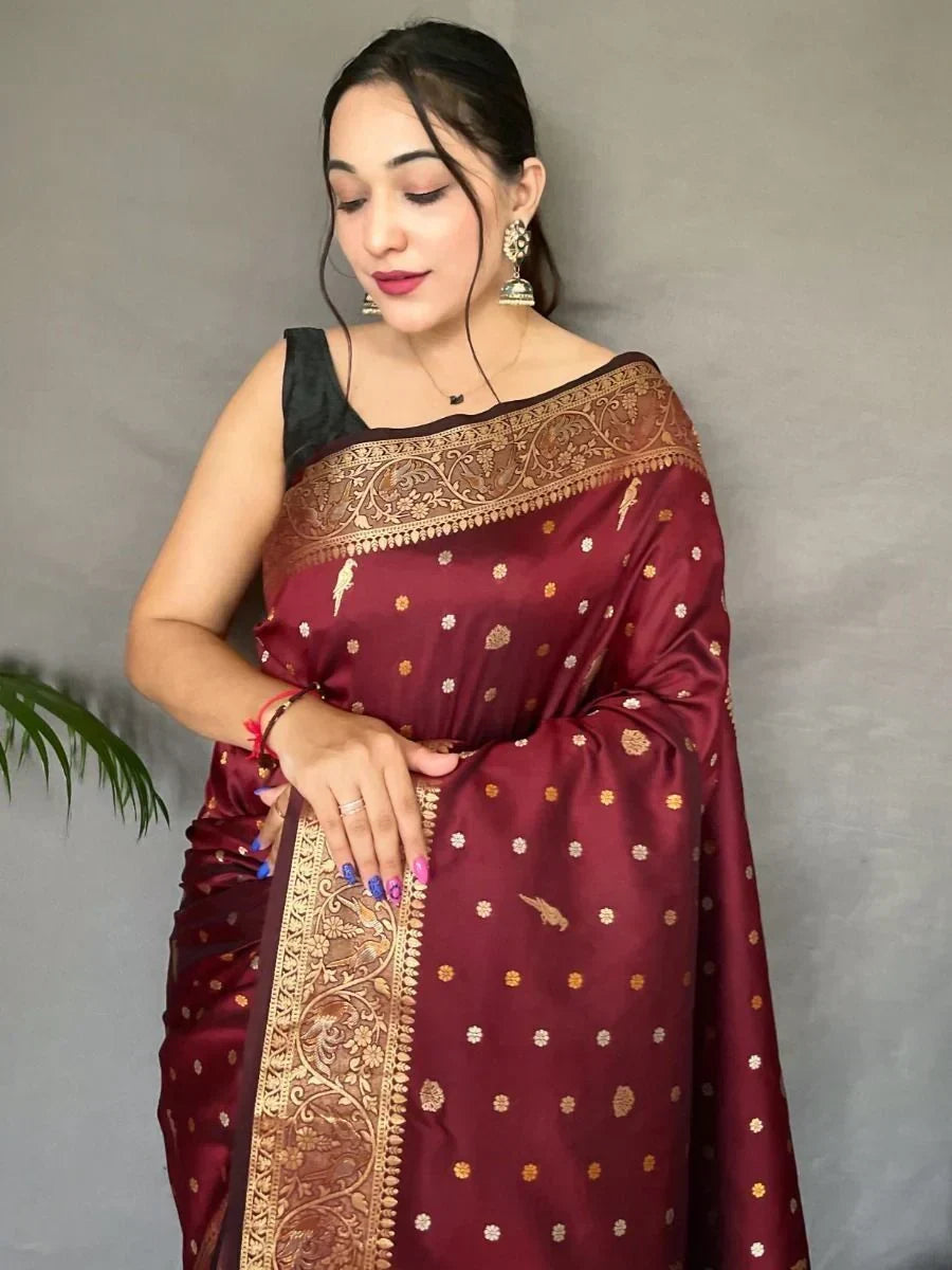 Gracefully Maroon Zari Woven Soft Silk Wedding Saree with Blouse