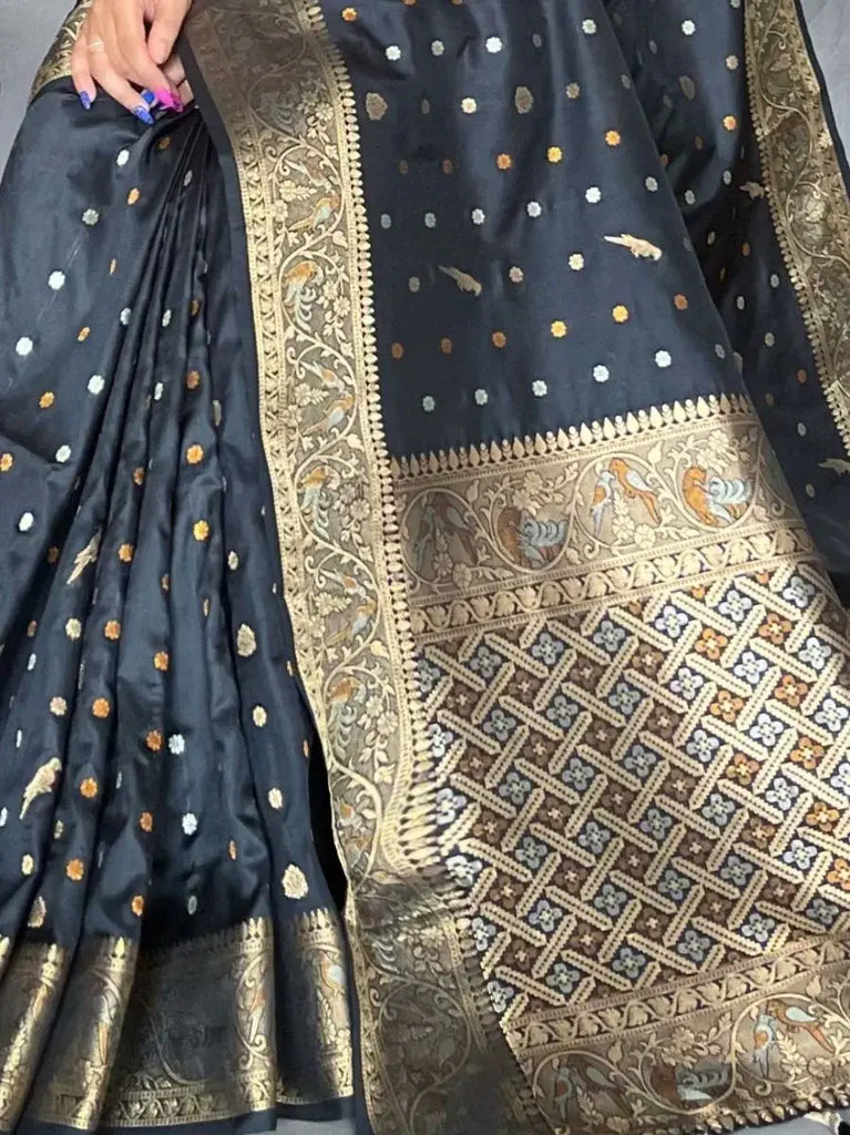 Stunning Black Zari Woven Soft Silk Marriage Function Saree with Blouse