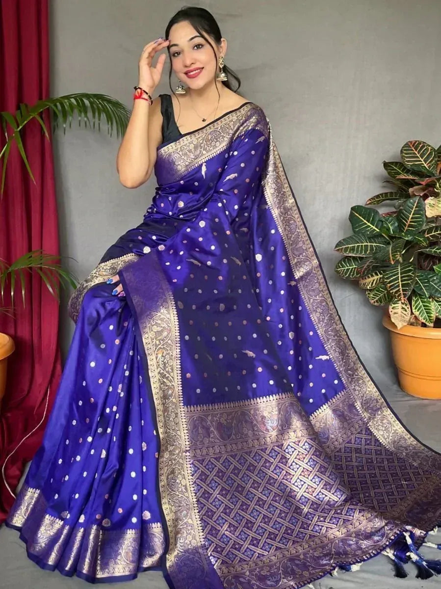 Royal blue silk saree with gold zari border and polka dot design, perfect for Indian ethnic occasions