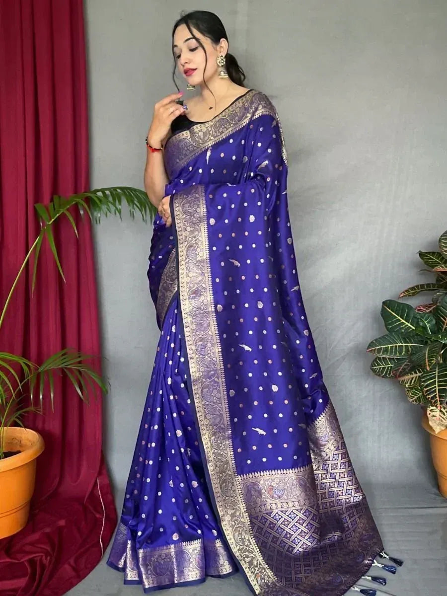 Royal blue ethnic saree with gold zari border and polka dot print, perfect for Indian occasions
