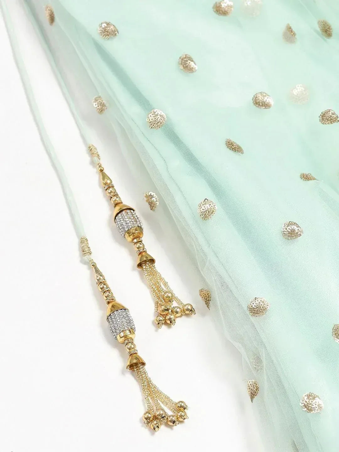 Mint green ethnic dupatta with gold sequin embroidery and ornate tassels for Indian wear