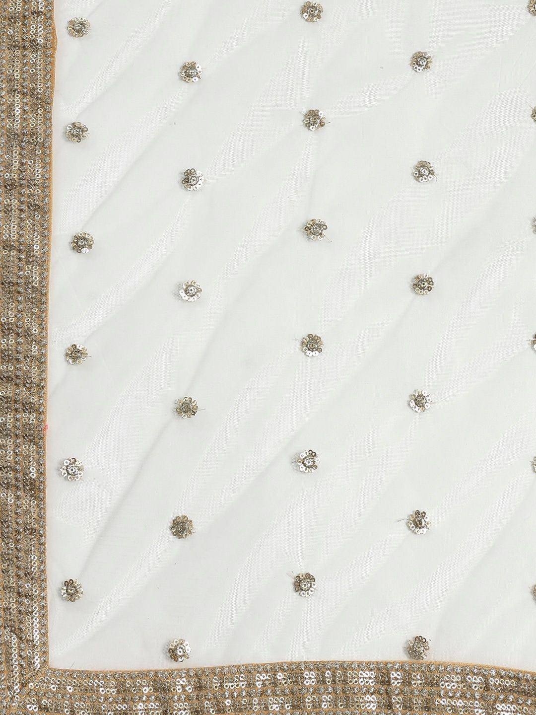 White ethnic dupatta with floral sequin embroidery and gold border, perfect for lehenga or saree
