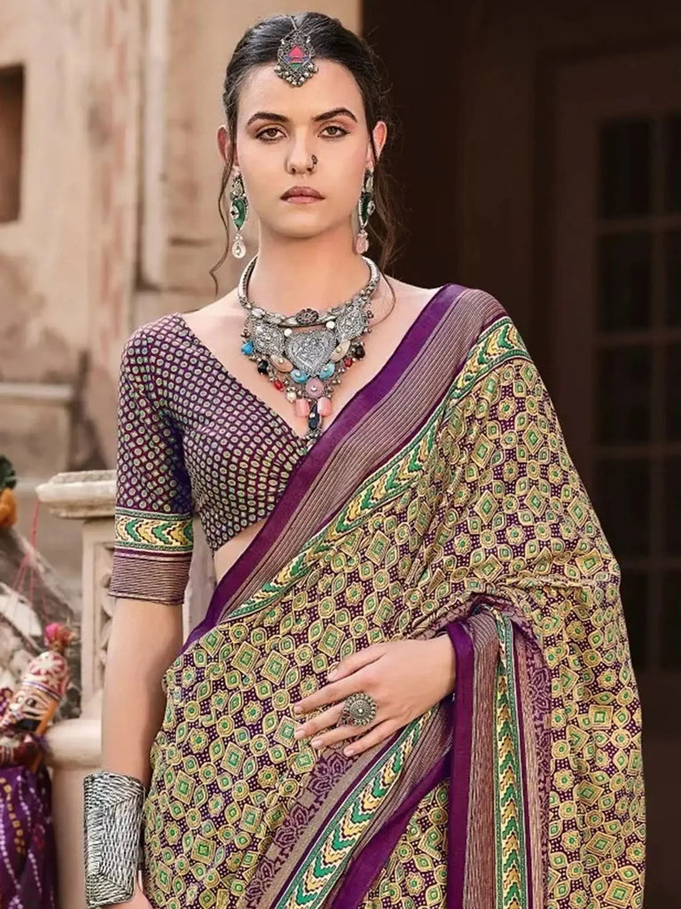 Attractive Purple Patola Printed Silk Function Wear Saree With Blouse