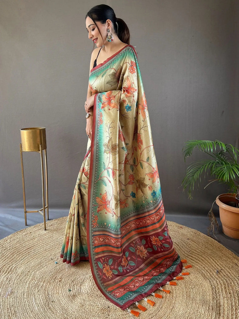 Charming Beige Kalamkari Printed Silk Festival Wear Saree With Blouse