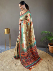 Charming Beige Kalamkari Printed Silk Festival Wear Saree With Blouse