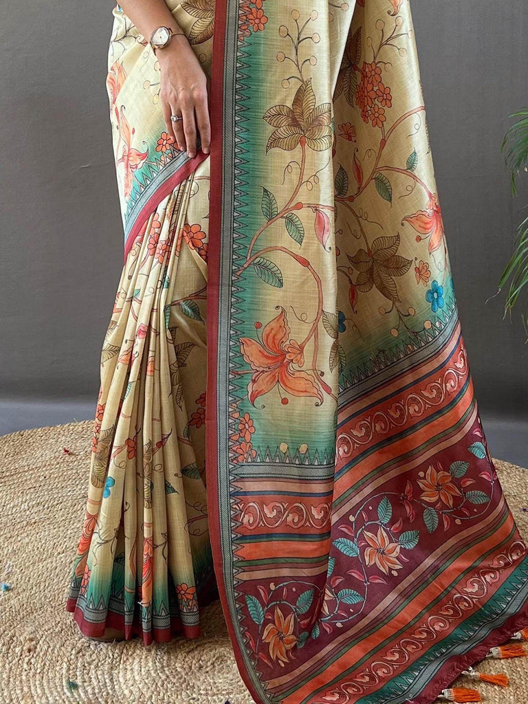 Charming Beige Kalamkari Printed Silk Festival Wear Saree With Blouse