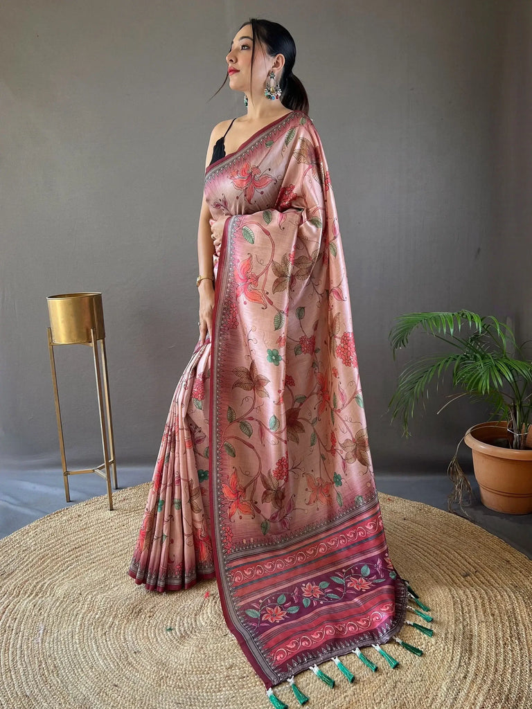 Attractive Peach Kalamkari Printed Silk Traditional Saree With Blouse