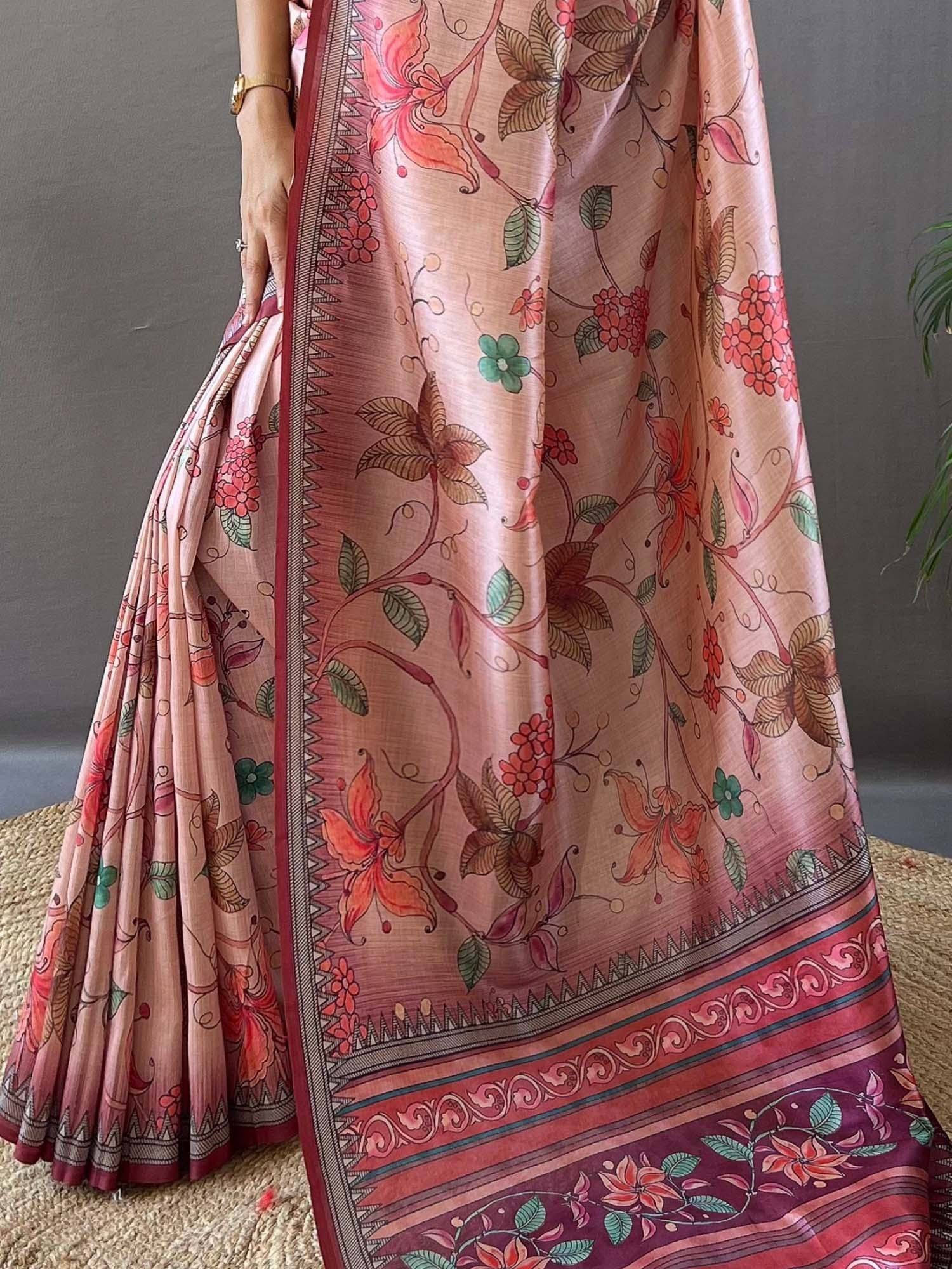 Pink floral printed saree with intricate border, ethnic Indian wear for women