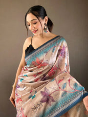 Captivating Ivory Kalamkari Printed Silk Event Wear Saree With Blouse
