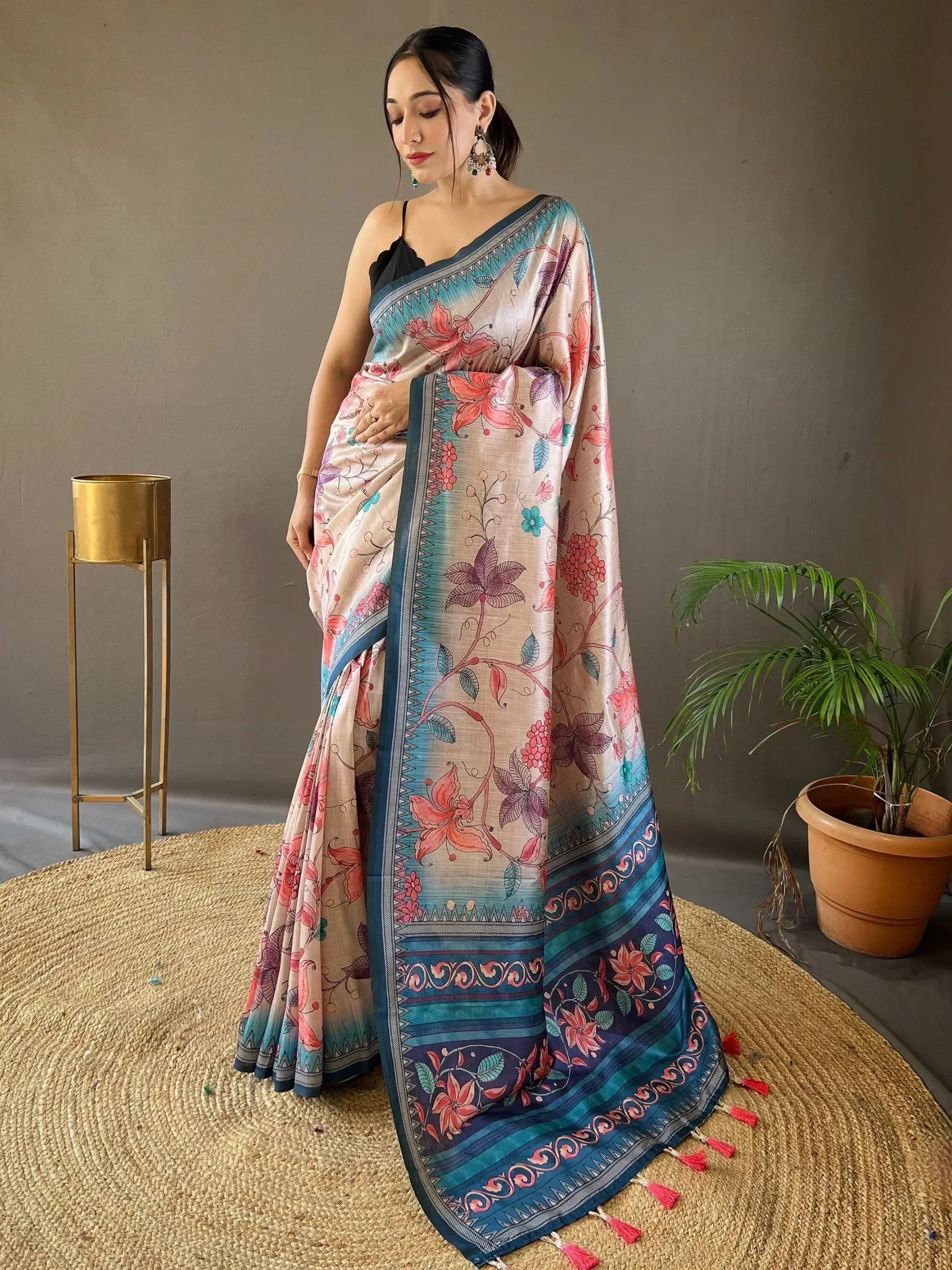 Floral printed saree with peach and blue border, ethnic Indian wear for women