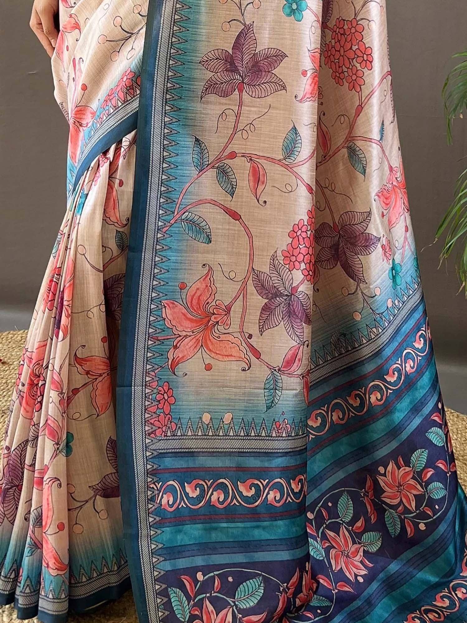 Floral printed saree with blue border, ethnic Indian wear for women