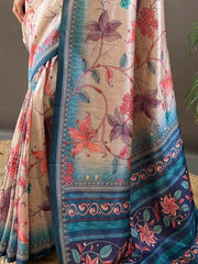 Captivating Ivory Kalamkari Printed Silk Event Wear Saree With Blouse