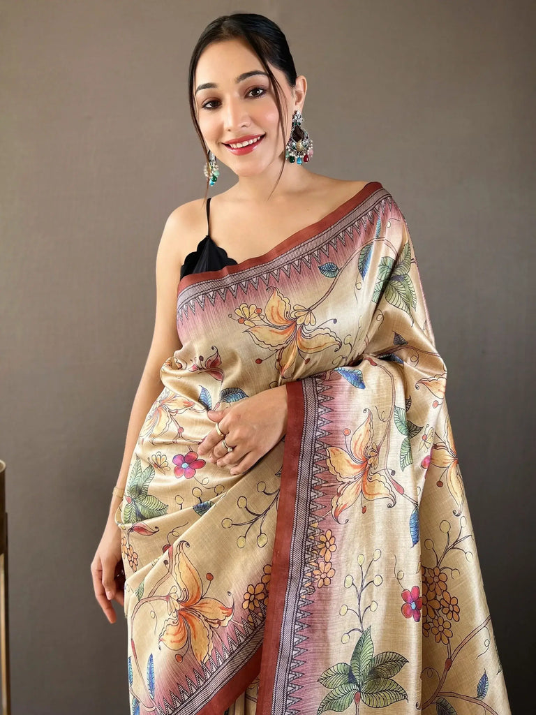 Captivating Beige & Brown Kalamkari Printed Silk Saree With Blouse